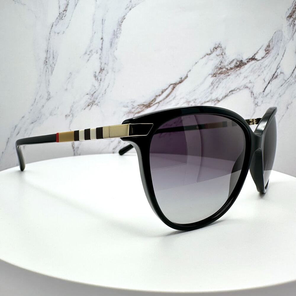New Burberry Sunglasses Black Cat Eye Check Arms Gold Hardware Womens BURBERRY - Picture 5 of 16
